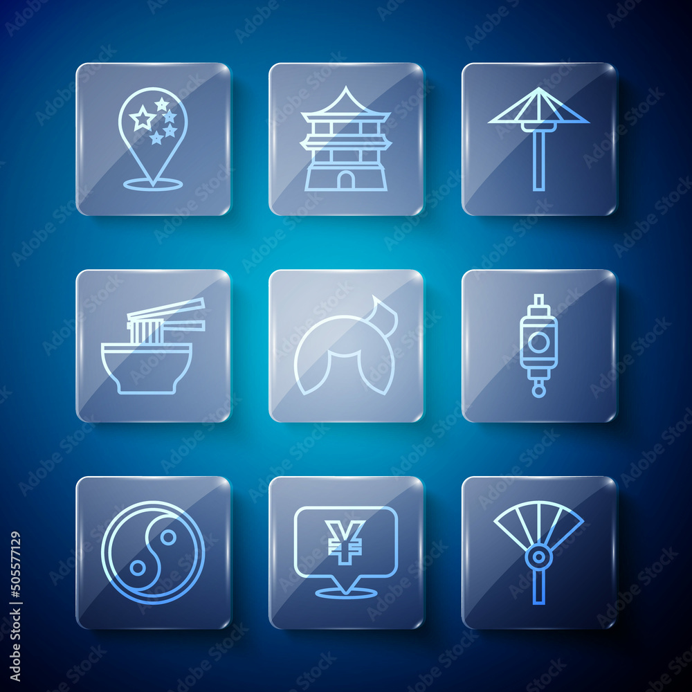 Set line Yin Yang, Chinese Yuan currency, or japanese folding fan, Japanese umbrella from the sun, fortune cookie, Asian noodles bowl, China flag and paper lantern icon. Vector Set line Yin Yang, Chinese Yuan currency, or japanese folding fan, Japanese umbrella from the sun, fortune cookie, Asian noodles bowl, China flag and paper lantern icon. Vector