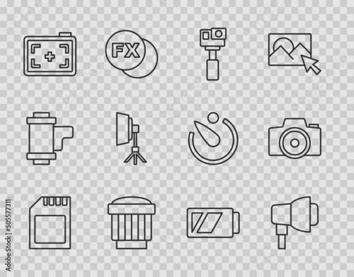 Set line SD card, Softbox light, Action camera, Camera photo lens, Photo, Battery for and icon. Vector