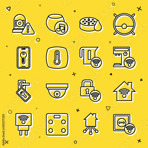 Set line Smart electrical outlet, home with wi-fi, coffee machine, Water sensor, Thermostat, key, Ringing alarm bell and kettle icon. Vector