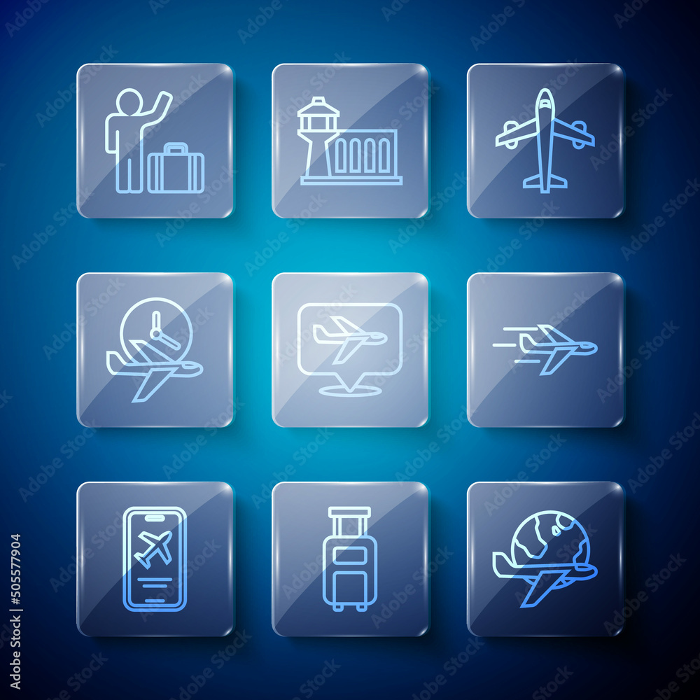 Set line Mobile with ticket, Suitcase, Globe flying plane, Plane, Flight time, Tourist suitcase and icon. Vector Set line Mobile with ticket, Suitcase, Globe flying plane, Plane, Flight time, Tourist suitcase and icon. Vector