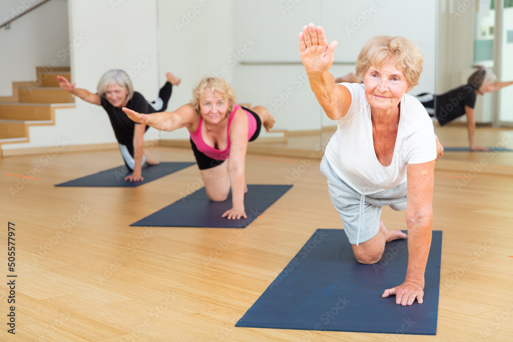 Mature women exercising hands and knees balance during their group training.