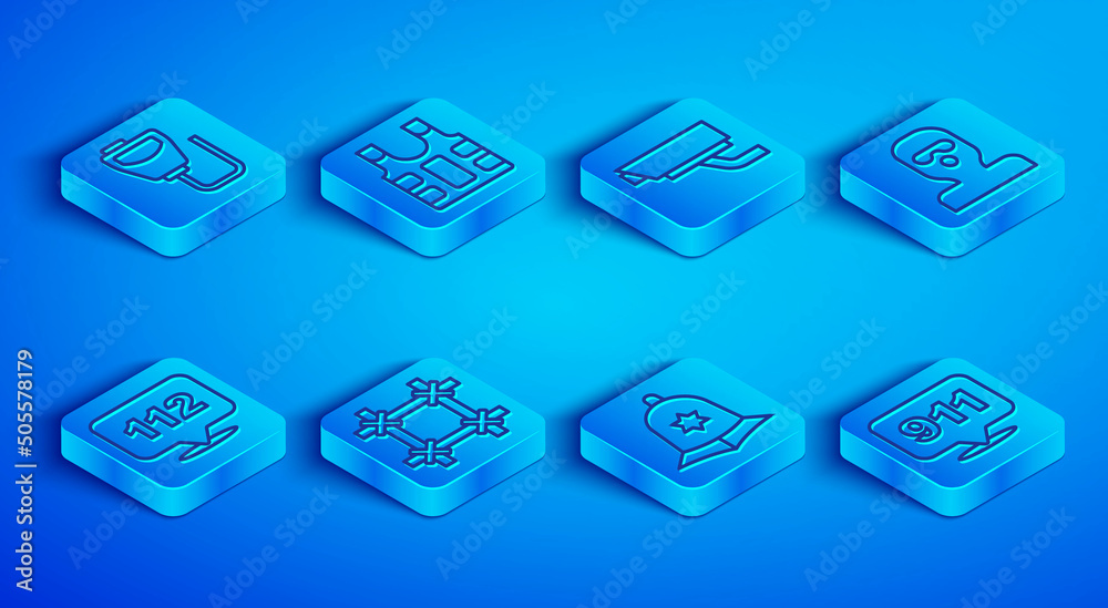 Set line Walkie talkie, Bulletproof vest, Security camera, Prison window, British police helmet, Thief mask, Telephone call 112 and 911 icon. Vector Set line Walkie talkie, Bulletproof vest, Security camera, Prison window, British police helmet, Thief mask, Telephone call 112 and 911 icon. Vector