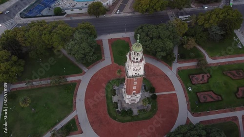 Aerial top down shot of Torre Monumental Clock Tower in front of Retiro Train Station in Buenos Aires