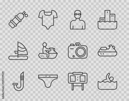 Set line Snorkel, Swimmer, Swimming trunks, Aqualung, Jet ski, Sport mechanical scoreboard and icon. Vector