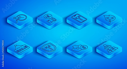 Set line Auction hammer, Hand holding auction paddle, Online, jewelry sale, Price tag with Sale and auctioneer sells icon. Vector