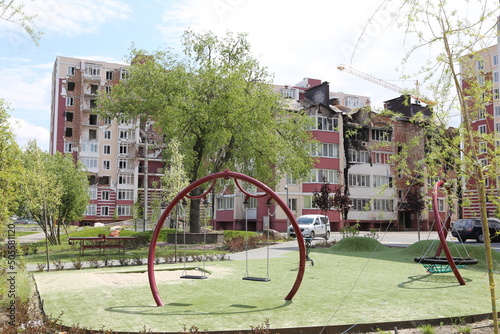 Kiev, Gostomel Ukraine - May 14 2022. Consequences of the destruction by the Russian army in Ukraine. The consequences of the bombing of Ukrainian cities by the Russian army. War in Ukraine. photo