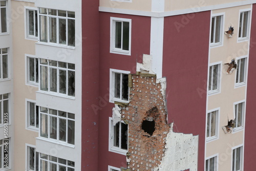 Kiev, Gostomel Ukraine - May 14 2022. Consequences of the destruction by the Russian army in Ukraine. The consequences of the bombing of Ukrainian cities by the Russian army. War in Ukraine. photo