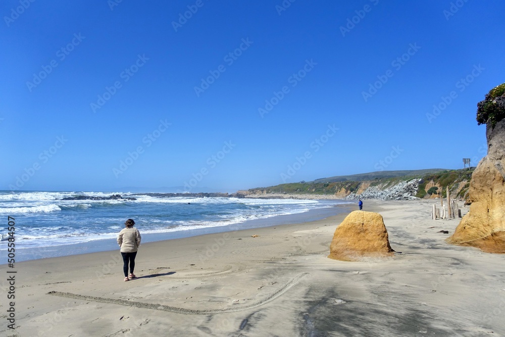 Ταπετσαρία A woman walking along a beach beside highway 1 in northern california, admiring