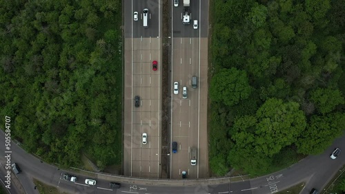Aerial view for busy motorway , birdseye view busy cars and roads,traffic , junction 10 , m25 photo