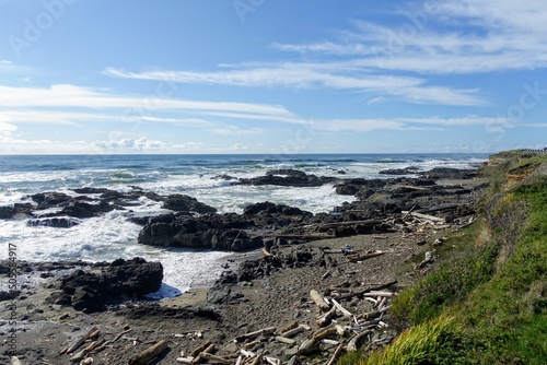 A view of the rugged Oregon coast with waves crashing against the shore in the beautiful coastal town of Yachats  Oregon