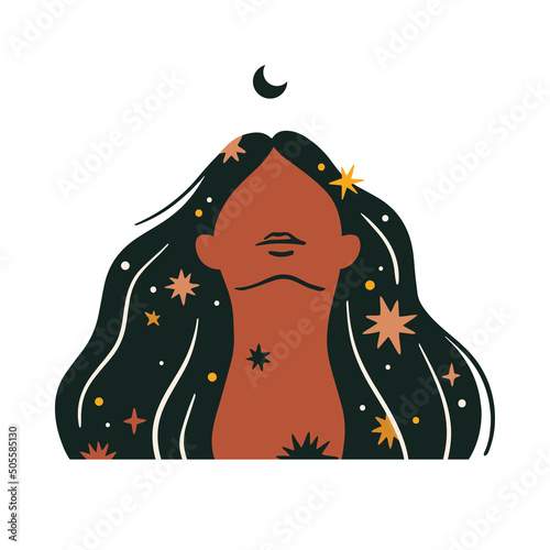 Portrait of a woman looking up to the moon with stars in her hair. Witch and celestial concept hand drawn vector illustration.