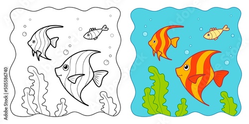 Marine background. Coloring book or Coloring page for kids. Fish vector clipart