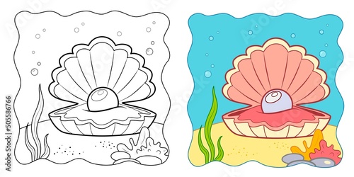 Marine background. Coloring book or Coloring page for kids. Shell vector clipart