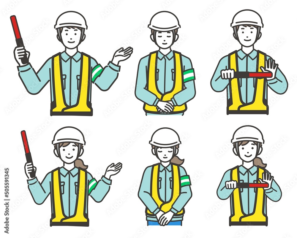 交通誘導をする男女の作業員の上半身のベクターイラスト素材 車 工事 警備 Stock Vector Adobe Stock