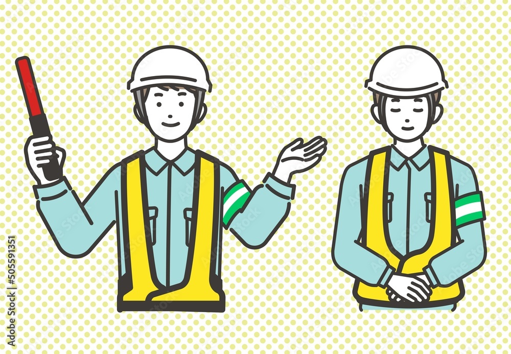 交通誘導をする男女の作業員の上半身のベクターイラスト素材/車/工事/警備 交通誘導をする男女の作業員の上半身のベクターイラスト素材/車/工事/警備