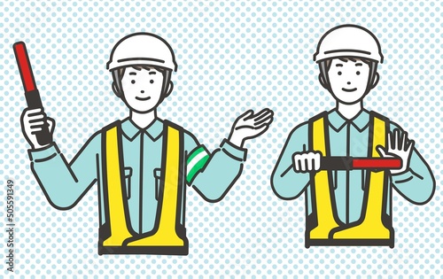 交通誘導をする男女の作業員の上半身のベクターイラスト素材／車／工事／警備