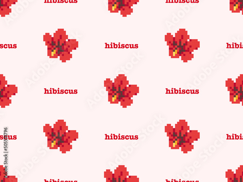 Hibiscus cartoon character seamless pattern on pink background. Pixel style