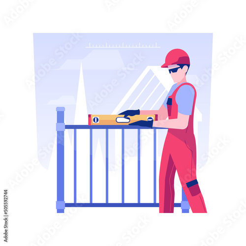 Fence installation isolated concept vector illustration. Contractor leveling a fence, backyard maintenance, residential construction, exterior works, building equipment vector concept.