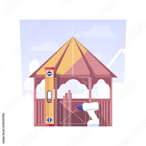 Garden gazebo building isolated concept vector illustration. Group of professional contractors building wooden gazebo in the garden, backyard summerhouse, exterior works vector concept.