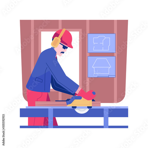 Building summer house isolated concept vector illustration. Carpenter with protective equipment and saw cuts boards, summer house building process, residential construction vector concept.