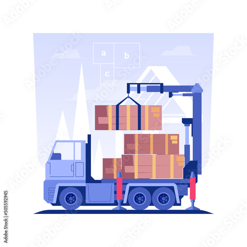 Summer house delivery isolated concept vector illustration. Group of contractors unloads panels from the truck, summer house building, exterior works, materials delivery vector concept.