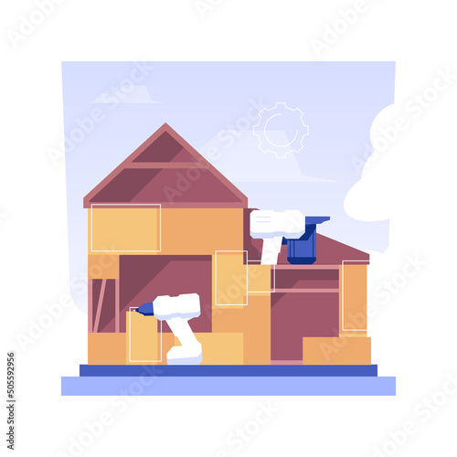 Summer house installation isolated concept vector illustration. Professional builders assembling panels for summer house, exterior works, residential construction, private house vector concept.