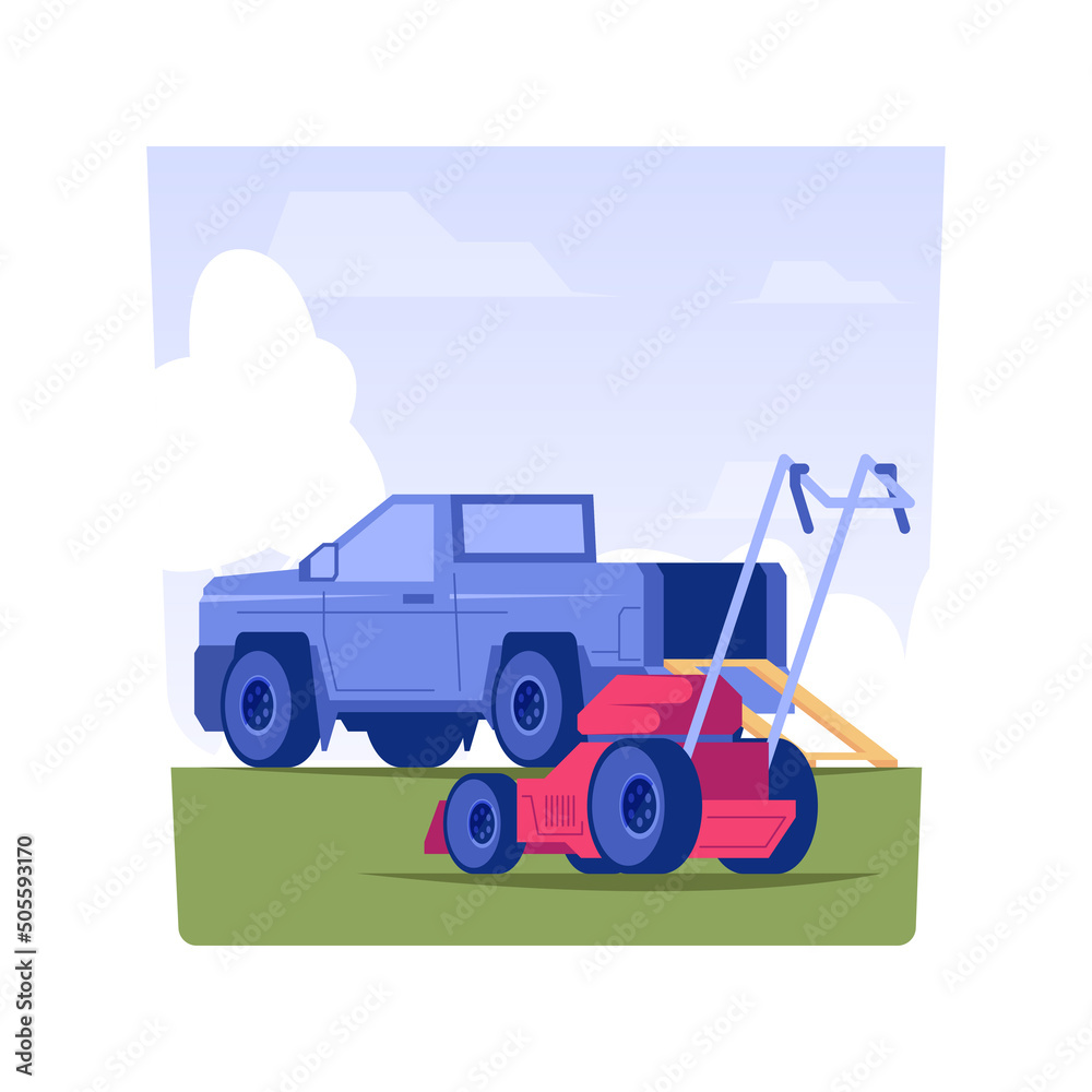 Naklejka premium Lawn and landscape service isolated concept vector illustration. Professional gardener loads mower into the truck, private house maintenance service, landscaping industry vector concept.