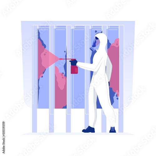 Applying biocide isolated concept vector illustration. Person in protective suit removing mold using biocide, private house maintenance service, remediation in construction vector concept.
