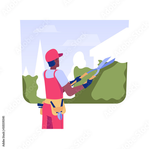 Gardener service isolated concept vector illustration. Gardener cuts plant, trimming process, mold removal, backyard maintenance service, remediation in horticulture vector concept.