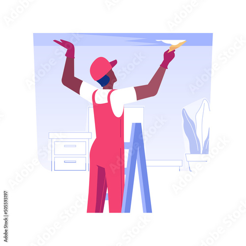 Ceiling repair isolated concept vector illustration. Professional contractor in uniform deals with ceiling repair, private house maintenance service, mold removal method vector concept.