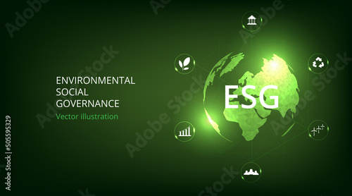  Environmental Social and Governance concept. Green earth ESG icon, Solving environmental, social and management problems with icons. World sustainable environment concept.