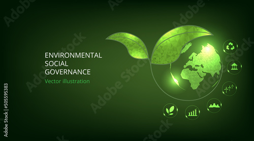  World sustainable environment concept design.Green earth for Environment Social and Governance. Solving environmental, social and management problems with figure icons. 
