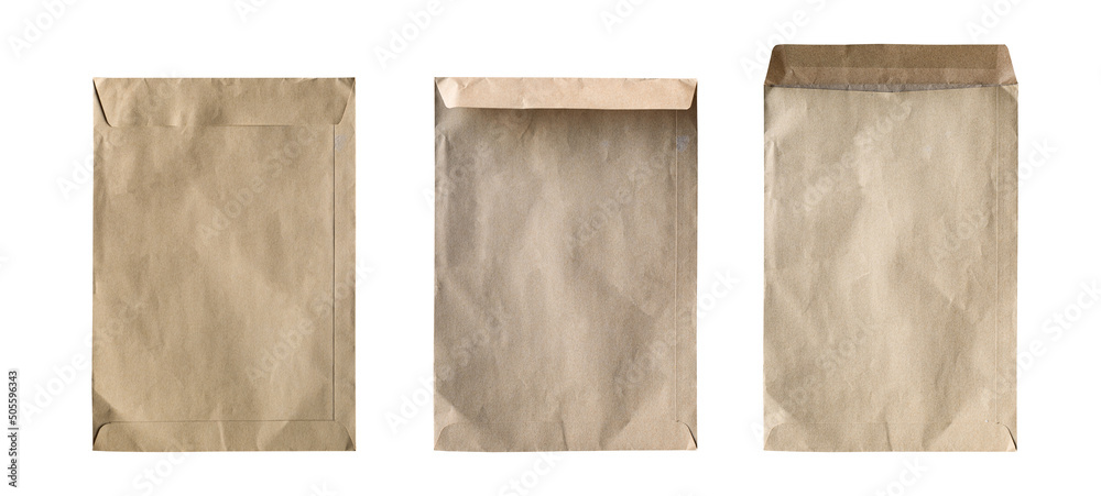 Set of brown paper envelope isolated on white background. Object with clipping path