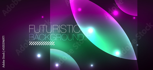 Abstract background with neon glowing light effects. Round shapes, triangles and circles. Wallpaper for concept of AI technology, blockchain, communication, 5G, science, business and technology