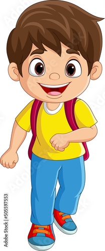 Cartoon little boy with backpack go to school