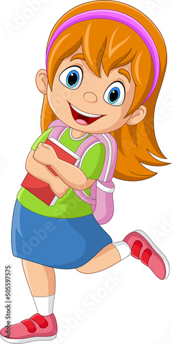 Cartoon school girl with a book and backpack