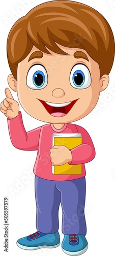 Cartoon little boy with book and pointing up