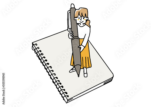 ペンを使って仕事する女性　コミカルな手書きの人物　ベクター、温かみのある線画