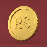 Brazilian Real Currency Sign on Gold Coin 3D Render Illustration