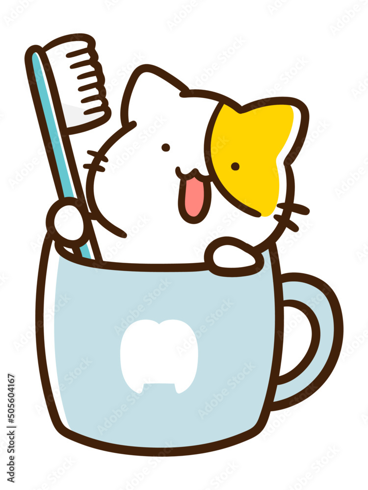 Stockvector 歯磨きコップに入るかわいいねこの手書き風イラスト Adobe Stock