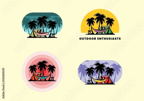 Tent and hammock with coconut trees illustration