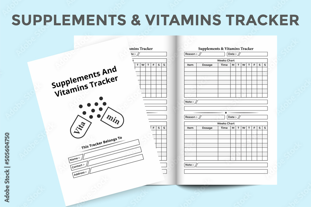 Fototapeta premium Supplement and vitamin journal template KDP interior. Regular vitamin dose information and medicine list tracker template. KDP interior log book. Supplement and vitamin information tracker interior.
