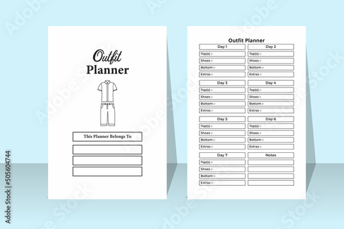 Outfit planner notebook KDP interior. Daily fashion wear planning and cloth list journal template. KDP interior log book. Outfit planner and costume designer regular information tracker notebook.