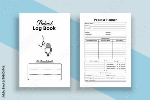 Podcast planner KDP interior journal. Radio station regular activity checker and sponsor list log book template. KDP interior journal. Podcast daily topic planner and guest info tracker interior.
