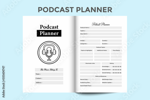 Podcast info tracker KDP interior journal. Podcast regular topic information and scheduling logbook template. KDP interior notebook. Radio post planner and guest info tracker interior.