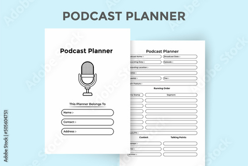 Podcast planner KDP interior notebook. Regular radio station info tracker and guest planner template. KDP interior journal. Podcast planner and topic information collector notepad interior.
