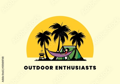 Tent and hammock with coconut trees illustration