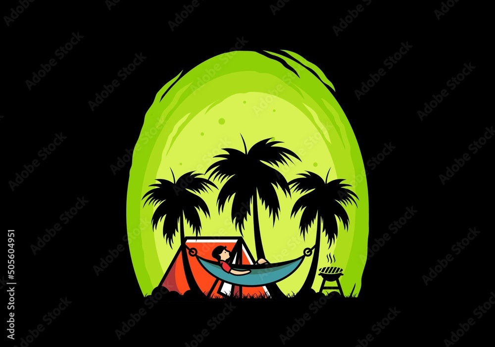 Tent and hammock with coconut trees illustration