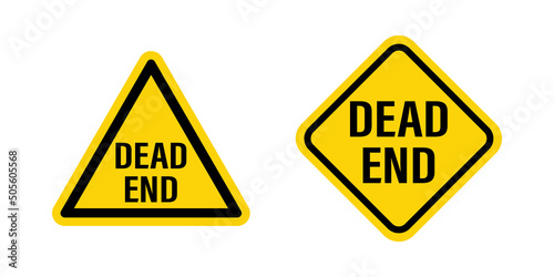 Dead end, yellow and black warning stop road sign. Insurmountable obstacles. Two street pointers isolated on white background. Road closed - label.
