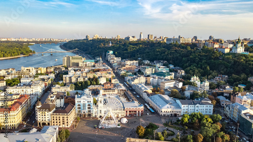 Vászonkép Kyiv cityscape aerial drone view, Dnipro river, downtown and Podol historical di